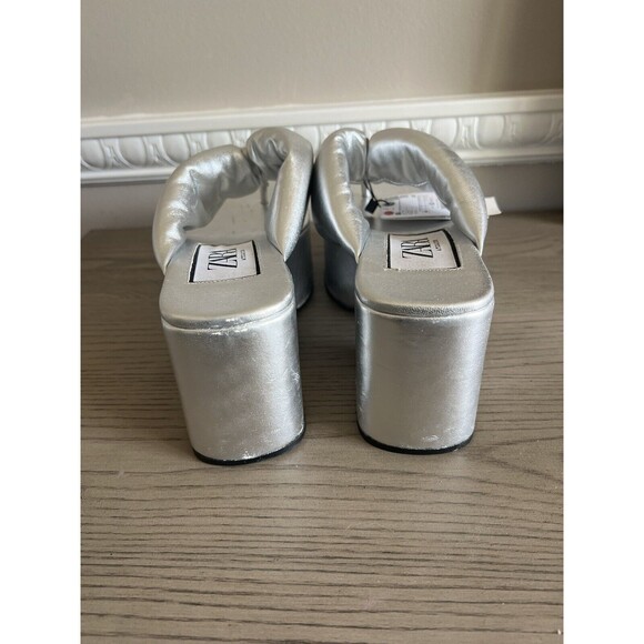 ZARA SILVER CHUNKY TOE POST LEATHER PLATFORM HEELED SANDALS Size 7.5 New - Picture 7 of 10